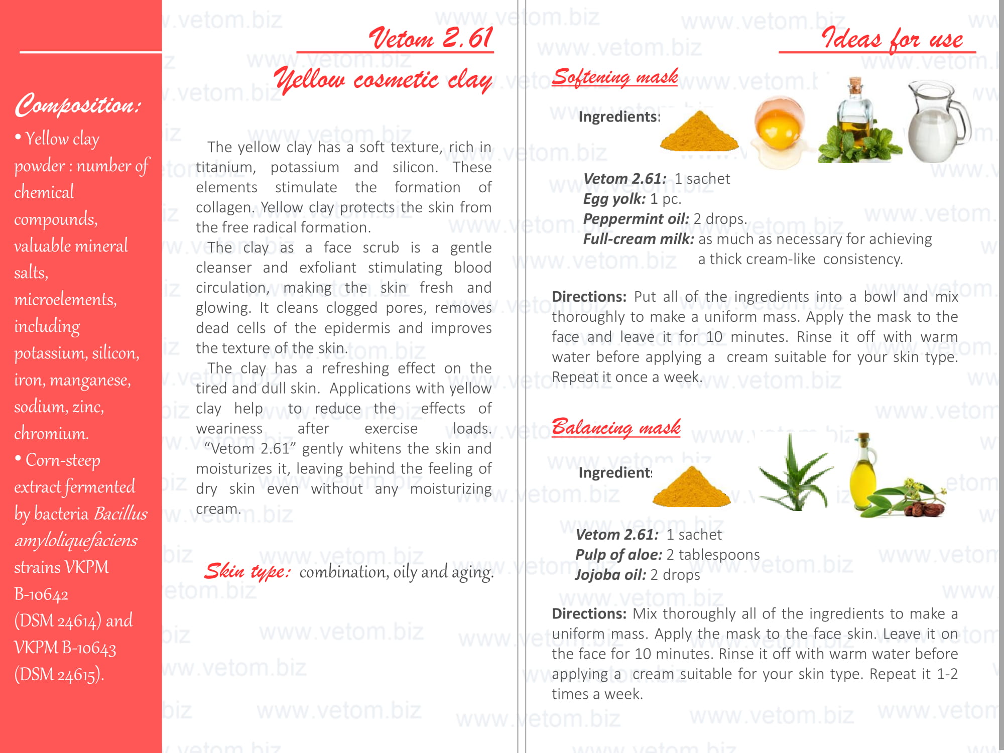 Vetom 2.61 - Yellow cosmetic clay for combination, oily and aging skin types. Ideas for use: Softening mask, Balancing mask.